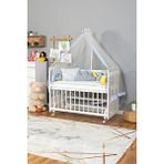 Bamgidoo Ahşap Beşik Anne Yanı Beşik Beyaz 60X120 - Mavi Sarı Örgü Uyku Seti Seti + Yatak + Tekerlekli
