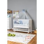 Bamgidoo Ahşap Beşik Anne Yanı Beşik Beyaz 60X120 - Mavi Yıldız 3 Yastıklı Uyku Seti + Yataklı - Moon Grey