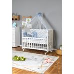 Bamgidoo Ahşap Beşik Anne Yanı Beşik Beyaz 60X120 - Mavi Yıldız 3 Yastıklı Uyku Seti + Yataklı + Tekerlekli
