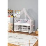 Bamgidoo Ahşap Beşik Anne Yanı Beşik Beyaz 60X120 - Pembe Gri Örgü Uyku Seti Seti + Yatak + Tekerlekli - Essential Grey