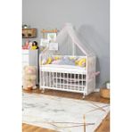 Bamgidoo Ahşap Beşik Anne Yanı Beşik Beyaz 60X120 - Pembe Sarı Örgü Uyku Seti Seti + Yatak + Tekerlekli - Bitter Kahve