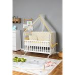Bamgidoo Ahşap Beşik Anne Yanı Beşik Beyaz 60X120 - Sarı Yıldız 1 Yastıklı Uyku Seti + Yataklı + Tekerlekli - Burgundy