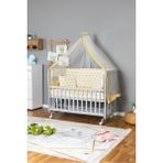 Bamgidoo Ahşap Beşik Anne Yanı Beşik Gri 60X120 - Sarı Yıldız 1 Yastıklı Uyku Seti + Yataklı + Tekerlekli - Ceviz - Beyaz