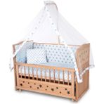 Bamgidoo Ahşap Beşik Anne Yanı Beşik Organik (Boyasız) 60X120 - Mavi Yıldız Tek Yastıklı Uyku Seti Yatak - Krem