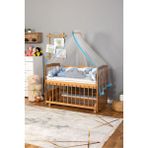 Bamgidoo Ahşap Beşik Anne Yanı Beşik Vernikli 60X120 - Mavi Beyaz Örgü Uyku Seti Seti + Yatak - Bebe Mavisi