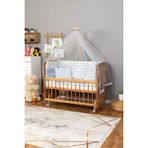 Bamgidoo Ahşap Beşik Anne Yanı Beşik (Vernikli) 60X120 - Mavi Yıldız Tek Yastık Uyku Seti+Yatak+Tekerlekli - Kırık Beyaz