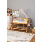 Bamgidoo Ahşap Beşik Anne Yanı Beşik Vernikli 60X120 - Pembe Sarı Örgü Uyku Seti Seti + Yatak + Tekerlekli - Kahve - Beyaz