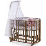 Bamgidoo Ahşap Ceviz Renk Play Stokke 7 in 1 Sepet Beşik, Anne Yanı Beşik, Karyola, Alt Değiştirme Sehpası, Masa, Sandalye - Pembe Yıldız Uyku Seti & Soft Yatakları