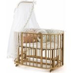 Bamgidoo Ahşap Meşe Renk Play Stokke 7 in 1 Sepet Beşik, Anne Yanı Beşik, Karyola, Alt Değiştirme Sehpası, Masa, Sandalye - Krem Yıldız Uyku Seti & Soft Yatakları