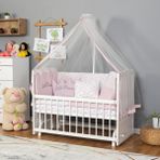 Bamgidoo Ahşap Nakışlı Anne Yanı Cibinlikli Ayarlanabilir Sallanabilir Bebek Beşiği - 60 x 120 cm - Beyaz - Pembe