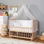 Bamgidoo Ahşap Organik Beşik Anne Yanı Beşik 3 Kademeli Lüx Bebek Beşiği 60 x 120 cm - Krem Güpür Uyku Setli & Soft Yataklı - Beyaz