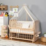 Bamgidoo Ahşap Organik Beşik Anne Yanı Beşik 3 Kademeli Lüx Bebek Beşiği 60 x 120 cm - Krem Prenses Uyku Setli & Soft Yataklı - Krem - Pembe