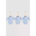 Bamoola %100 Organik Pamuklu Düz Mavi 3'Lü Atlet Body Zıbın - Uzun Kollu - Çıtçıtlı Mavi