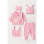 Bamoola for Babies Organik Kız Bebek Tavşan Desenli 5'li Tulum Hastane Çıkışı Yenidoğan Kıyafet Mama Önlüğü