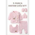 Bamoola Organik Kız Bebek Kulaklı Tavşan Desenli 5'li Tulum Hastane Çıkışı Yenidoğan Kıyafet Mama Önlüğü - Somon