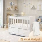 Banana Baby Hoop Yatak Hediyeli Anneyanı Sallanır Sabitlenir Çift Çekmeceli Mdf Çıtalı U Profilli 60*120 Beşik - Beyaz