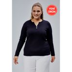 BANEGA Curve Büyük Beden %100 Pamuklu Likralı Bisiklet Yaka Basic Düz Uzun Kol Siyah Bluz