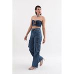 BANNY JEANS Kadın Baggy Kalıp Kargo Cepli Jean Pantolon Mavi