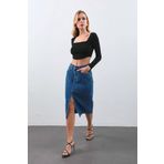 Banny Jeans Kadın Yırtmaçlı Midi Jean Etek - MAVİ XL