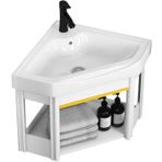 Banyo Köşe Havzası Lavabolar, Duvara Monte Gemi Lavabo, beyaz Gemi Lavabo, Küçük Alan Duvara Monte Dolap Seti Tasarım Beyaz Reçine Havzası Lavabo Üst Krom Musluk Ve Drenaj。, 42x42x40cm