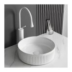 Banyo Lavabosu 14" Beyaz Yuvarlak Banyo Gemi Lavabo Modern Tezgah Üstü Banyo Lavabosu Porselen Seramik Vanity Lavabo Sanat Havzası Musluk Gemi Lavabo Banyo Lavabo Vanity için (Beyaz musluk seti)