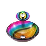Banyo Sanatsal Temperli Cam Lavabo Gökkuşağı Renkleri Lavabo Kase Yuvarlak Tezgah Üstü Lavabo Şelale Musluk ve Açılır Drenaj Kombosu ile Lavabo