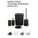 Banyo Seti, Danzel Yuvarlak, Ahşap Aksesuarlı, Pvc, 5'Li (5L Kapaklı Çöp Kovası+Diş Fırçalık+Sabunlukx2+Wc Fırçalık), 351