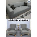 Baqdo Jakarlı Çubuk, Düz Desen 3+3+1+1 Lastikli Koltuk ,kanepe ,çekyat Örtüsü ,kılıfı Esnekli 3311 Takımı - 180 x 230 cm - Gri