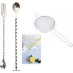 Bar Süzgeci 5.5 cm + Tokmaklı Bar Kaşığı + Çatallı Bar Kaşığı Seti 3lü Kokteyl Süzgeçli Bar Set