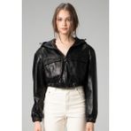 Barbara Kadın Kapüşonlu Hakiki Deri Crop Mont - Siyah - XS