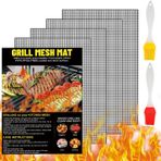 Barbekü Izgara Matı, 4'lü Set Teflon Izgara Plakası, 2 Adet Izgara Fırçası, Yapışmaz Izgara Matları, Gazlı Mangal için Izgara Matları, Kömür Izgarası, Izgara ve Fırın için Yeniden Kullanılabilir