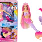 Barbie bebek ve aksesuarlar Deniz kızı Barbie 'Malibu'; renk değişimi özelliği, yunus ve aksesuarlar HRP97