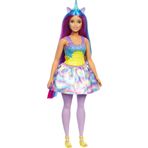 Barbie Dreamtopia tek boynuzlu at prenses oyuncak bebek, mavi ve mor saçlı, mavi tek boynuzlu at ve kulaklar, prenses eteği, mor külotlu çorap, sarı ayakkabı, oyuncak bebek dahil, hediye olarak