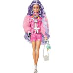 Barbie Extra Mor Saçlı Bebek, Pembe Ayıcıklı Kot Ceketi Ve Şortu, Köpek Figürü, Mor Renkli Uzun Kıvı