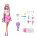 Barbie Gökkuşağı Saçlar bebeği, ekstra uzun ve renkli saçlar, sim tüpü, fırça, toka ve saç kurutma makinesi gibi 12 şekillendirme aksesuarı, JJP07