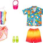 Barbie & Ken Fashions 2'li Paket Giyim ve Aksesuar Seti, Barbie Doll için 1 Mayo, Sarong & Vizör & 1 Tropikal Gömlek, Mayo & Ken Doll için Ayakkabı