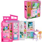 Barbie'nin Yeni Portatif Evi 2024 Barbie'nin Yeni Portatif Evi 2024, 4 oyun alanı ve 11 dekorasyon aksesuarı bulunan bebek evi oyun seti HRJ76