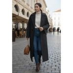 Barbora Balık Sırtı Desenli Astarlı Kışlık Kadın Uzun Kaşmir Kaban - 2XL - Gri
