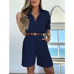 Barbora Keten Yazlık Uzun Kol Gömlek Şort Lacivert İkili Takım