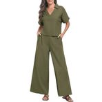 Barbora Zarif Kadin T-shirt ve Uzun Pantolon Alt Üst İkili Takım V Yaka Kısa Kollu Salaş Rahat Elbise