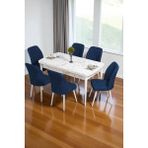 Baresmu Bara Beyaz Mermer 80X132 Açılabilir Sunta Masa Yemek Odası Takımı, Mutfak Takımı 6 Adet Sandalye - Lacivert