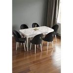 Baresmu Mura Beyaz Mermer 80x132 Açılabilir Mdf Masa Yemek Odası Takımı, Mutfak Takımı 6 Adet Sandalye Siyah