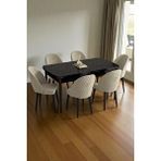 Baresmu Mura Siyah Mermer 80x132 Açılabilir Mdf Masa Yemek Odası Takımı, Mutfak Takımı 6 Adet Sandalye Krem