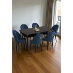 Baresmu Mura Siyah Mermer 80x132 Açılabilir Mdf Masa Yemek Odası Takımı, Mutfak Takımı 6 Adet Sandalye Lacivert