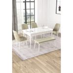 Baresmu Nice Beyaz 80X132 Açılabilir Mdf Masa Yemek Odası Takımı, Mutfak Takımı 4 Adet Sandalye, 1 Bench - Krem