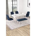 Baresmu Nice Beyaz Mermer Desen 80X132 Açılabilir Mdf Masa Yemek Odası Takımı, Mutfak Takımı 4 Adet Sandalye, 1 Bench - Lacivert