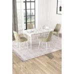 Baresmu Nice Beyaz Mermer Desen 80X132 Açılabilir Mdf Masa Yemek Odası Takımı, Mutfak Takımı 4 Adet Sandalye - Krem