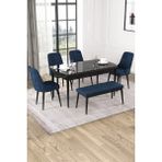 Baresmu Nice Siyah Mermer Desen 80X132 Açılabilir Mdf Masa Yemek Odası Takımı, Mutfak Takımı 4 Adet Sandalye, 1 Bench - Lacivert
