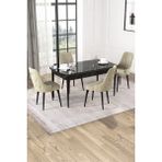 Baresmu Nice Siyah Mermer Desen 80X132 Açılabilir Mdf Masa Yemek Odası Takımı, Mutfak Takımı 4 Adet Sandalye - Krem