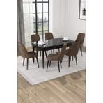 Baresmu Nice Siyah Mermer Desen 80X132 Açılabilir Mdf Masa Yemek Odası Takımı, Mutfak Takımı 6 Adet Sandalye - Kahverengi